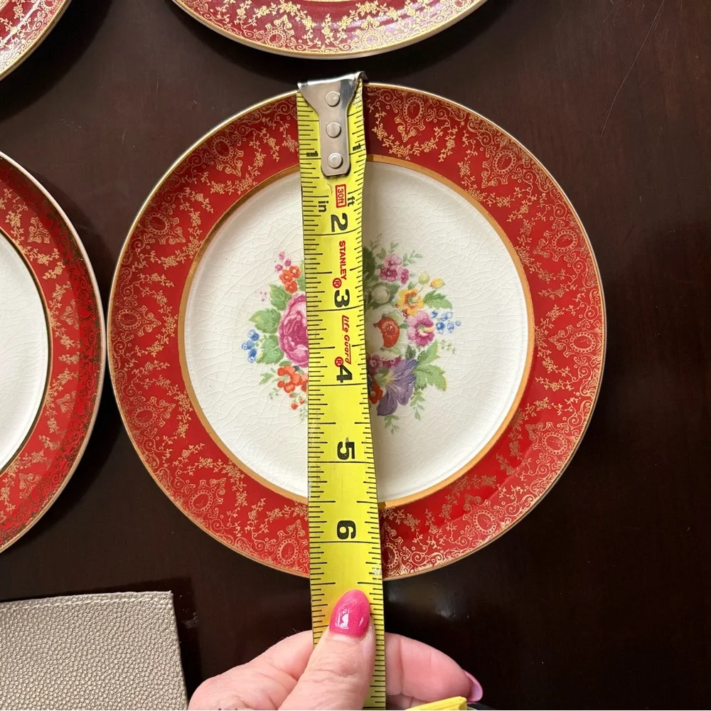 Symphony by Salem Red‎ and 23 Carat Gold Floral Bread / Appetizer Plates Set of4